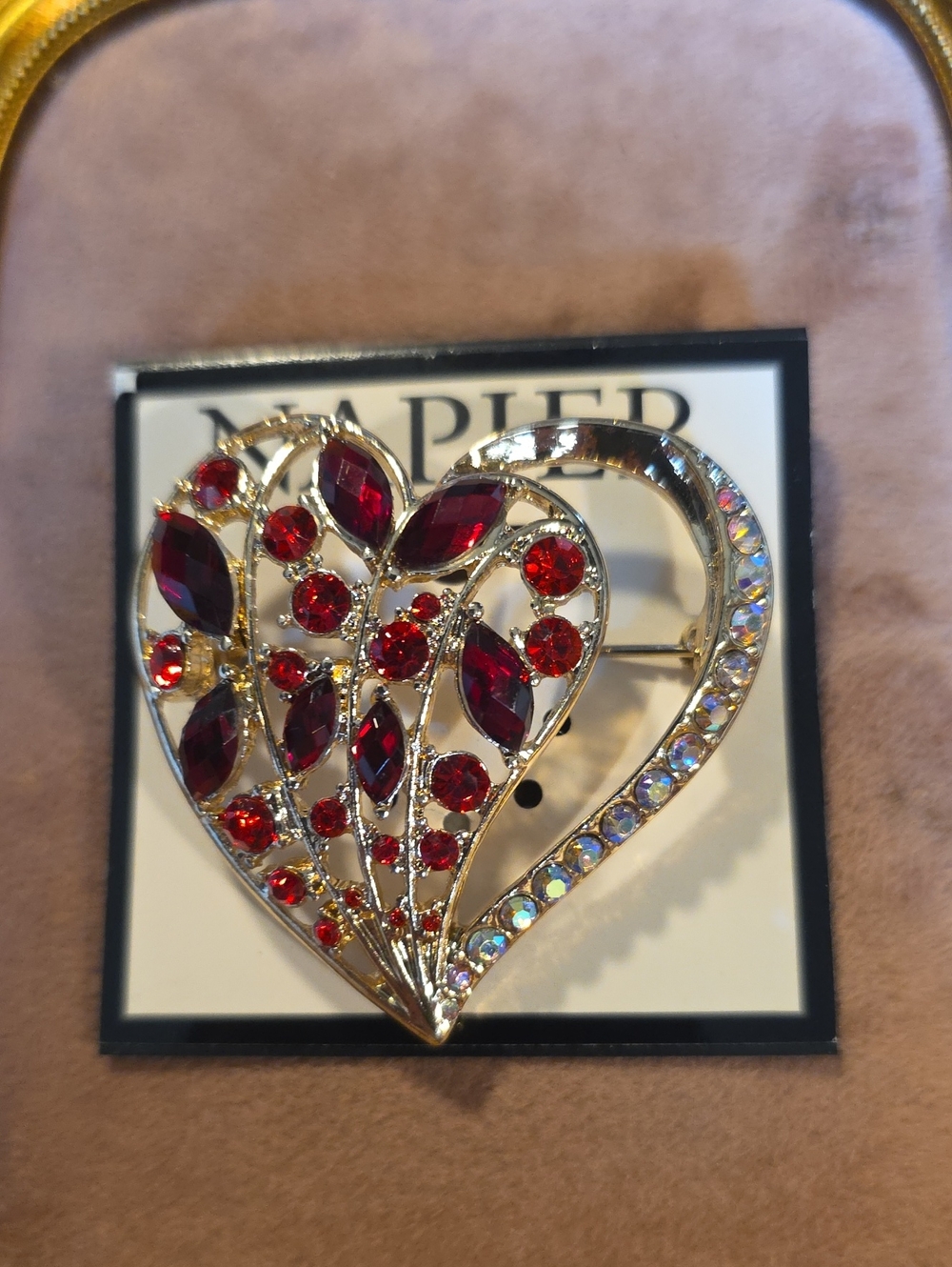 Napier Gold-Tone Red Rhinestone Open Heart Filigree Brooch Pin NWT